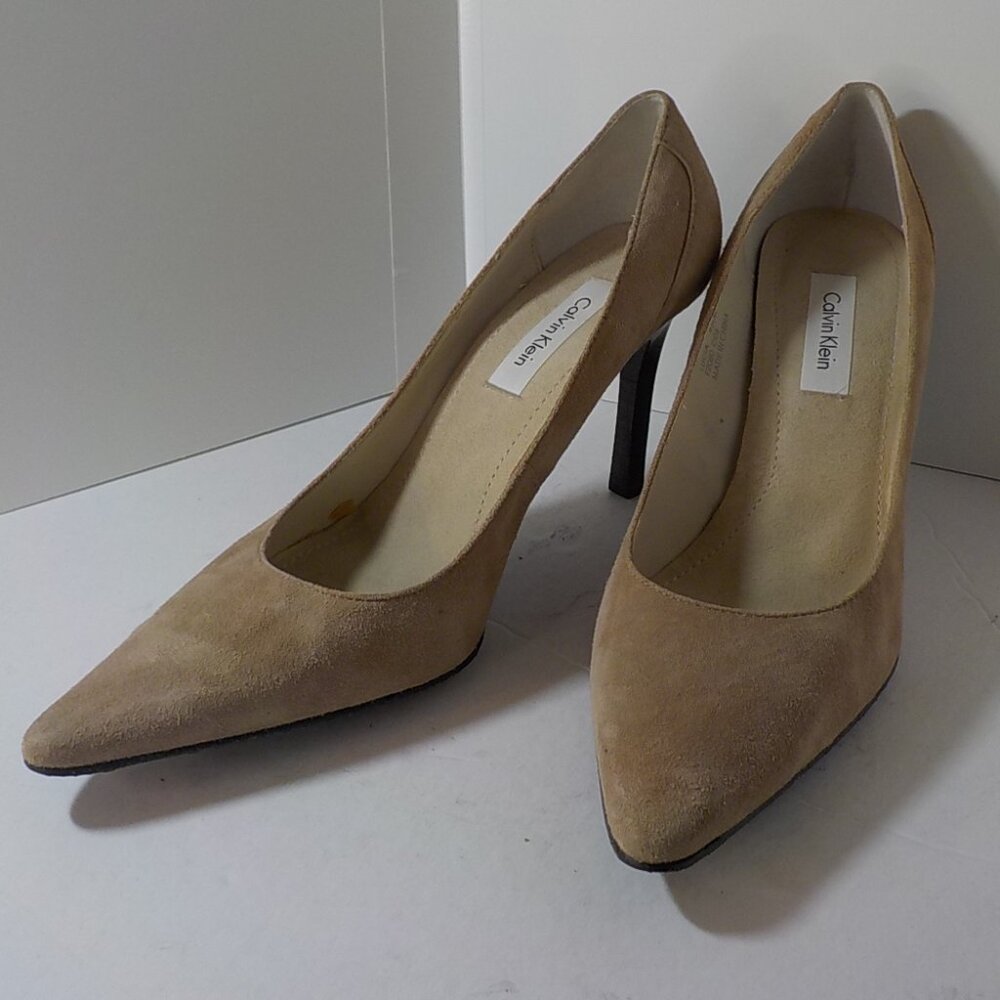 Tan Suede Leather Calvin Klein Pumps with Stitch Detail and Dark Brown Heel